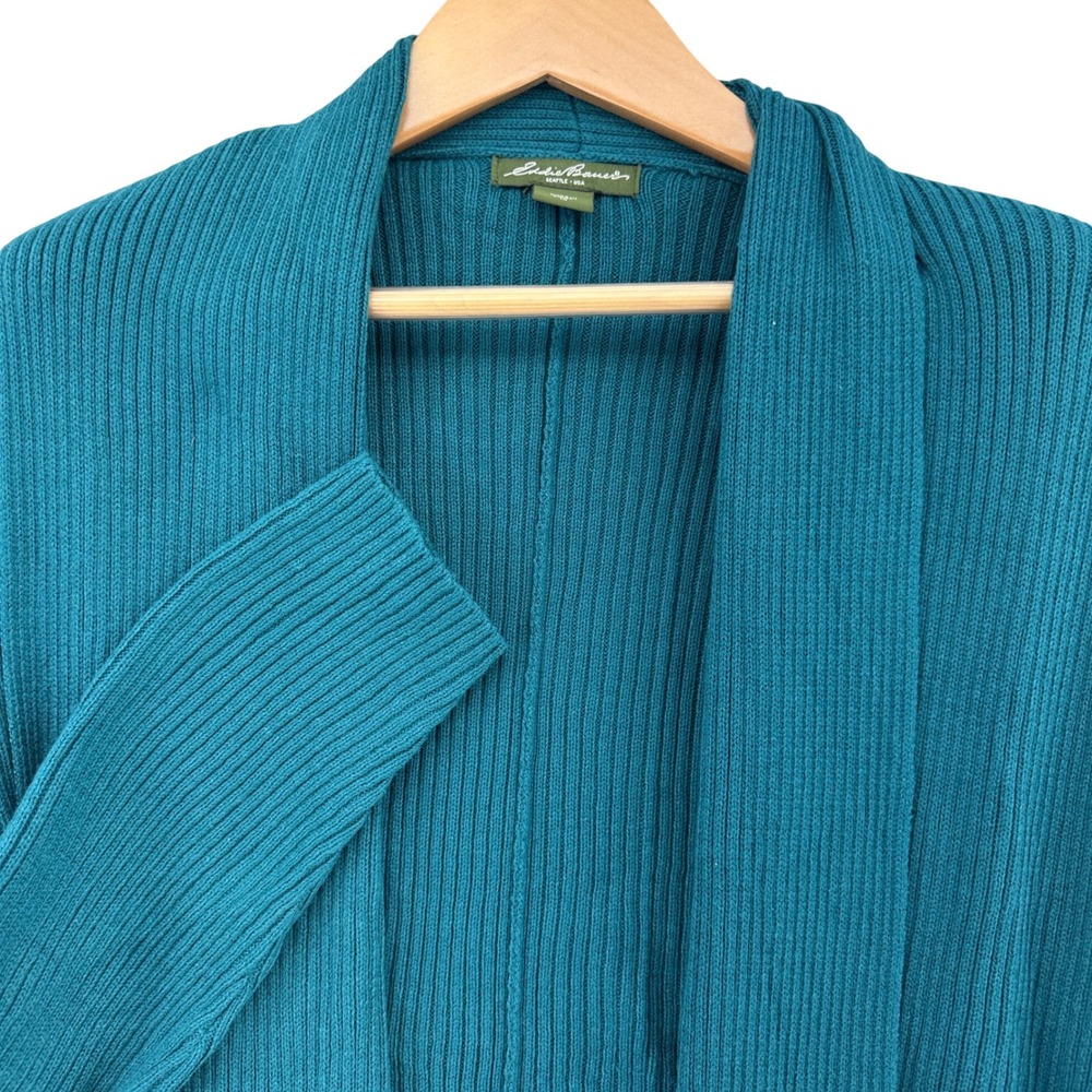 Y2K Eddie Bauer Teal Blue Ribbed Knit Open Front Cardigan Sweater Shawl SZ 1X